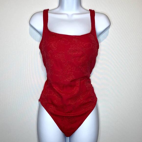 Vintage Janzten Red Low Back Red Floral Pattern Swimsuit 10 - Picture 1 of 7